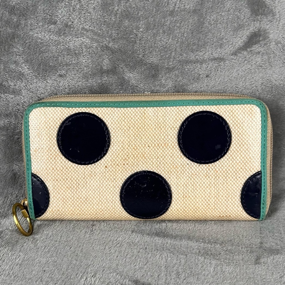 Fossil Zip‎ Around Woven Canvas Wallet Polka Dots Beige Tan With Turquoise Flaws